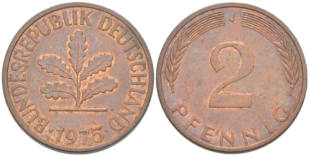 ФРГ 2 ПФЕННИГА 1975 J KM 106а, J. 381а сталь плакированная сталь плакированная медьюю 4181-817