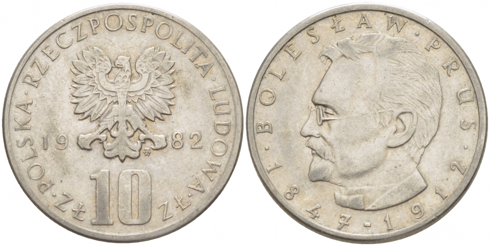 ПОЛЬША 10 ЗЛОТЫХ 1982 MW, БОЛЕСЛАВ ПРУС KM 73 медно-никель 213-823