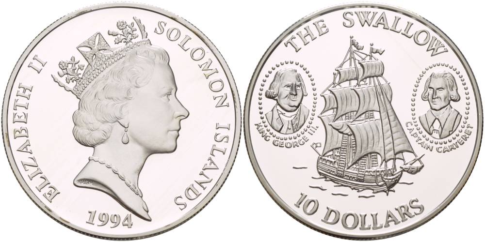 Соломоновы острова 10 долларов 1994 парусник, HMS Swallow, Филипп Картерет, король Георг III KM 52 серебро PROOF 1081-7-23