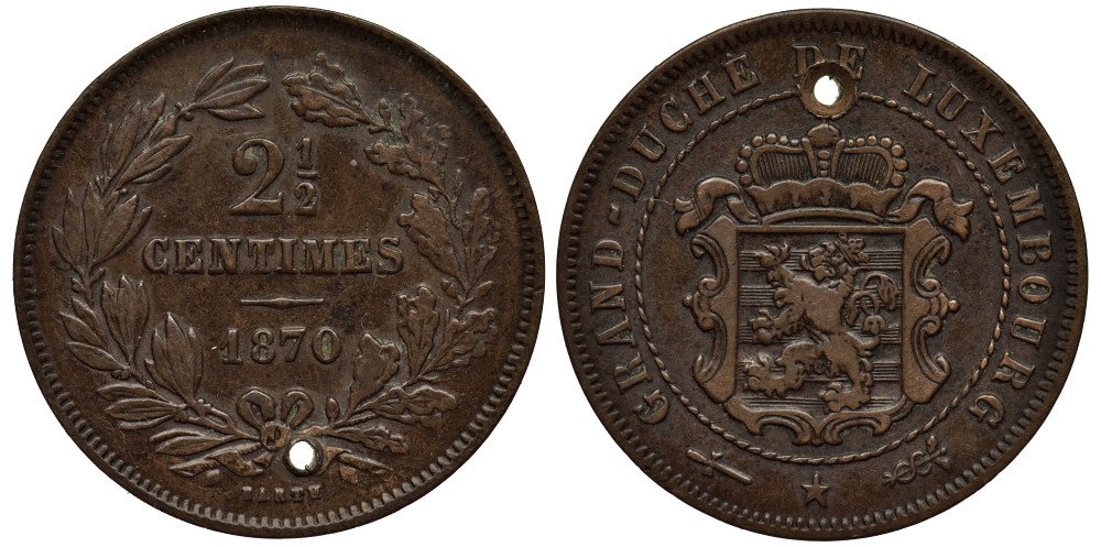 ЛЮКСЕМБУРГ 2 1/2 САНТИМА 1870 u, ГЕРЦОГ ВИЛЛЕМ III НИДЕРЛАНДСКИЙ (1849-1890), МОНДВОР УТРЕХТ, БЕЗ ТОЧКИ, С ОТВЕРСТИЕМ КМ 21 бронза 4538-752