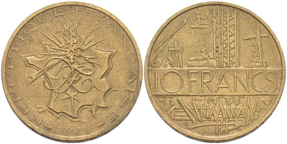 Франция 10 франков 1978 тип Матье KM 940, Le Franc 365.11-12 никель латунь 111-1015