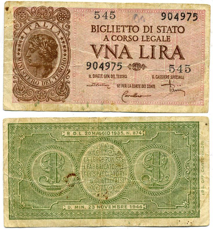 Италия 1 лира 1944 23 ноября 1944, подпись Dicristina Pick 29с бумага 3295-43-2-1