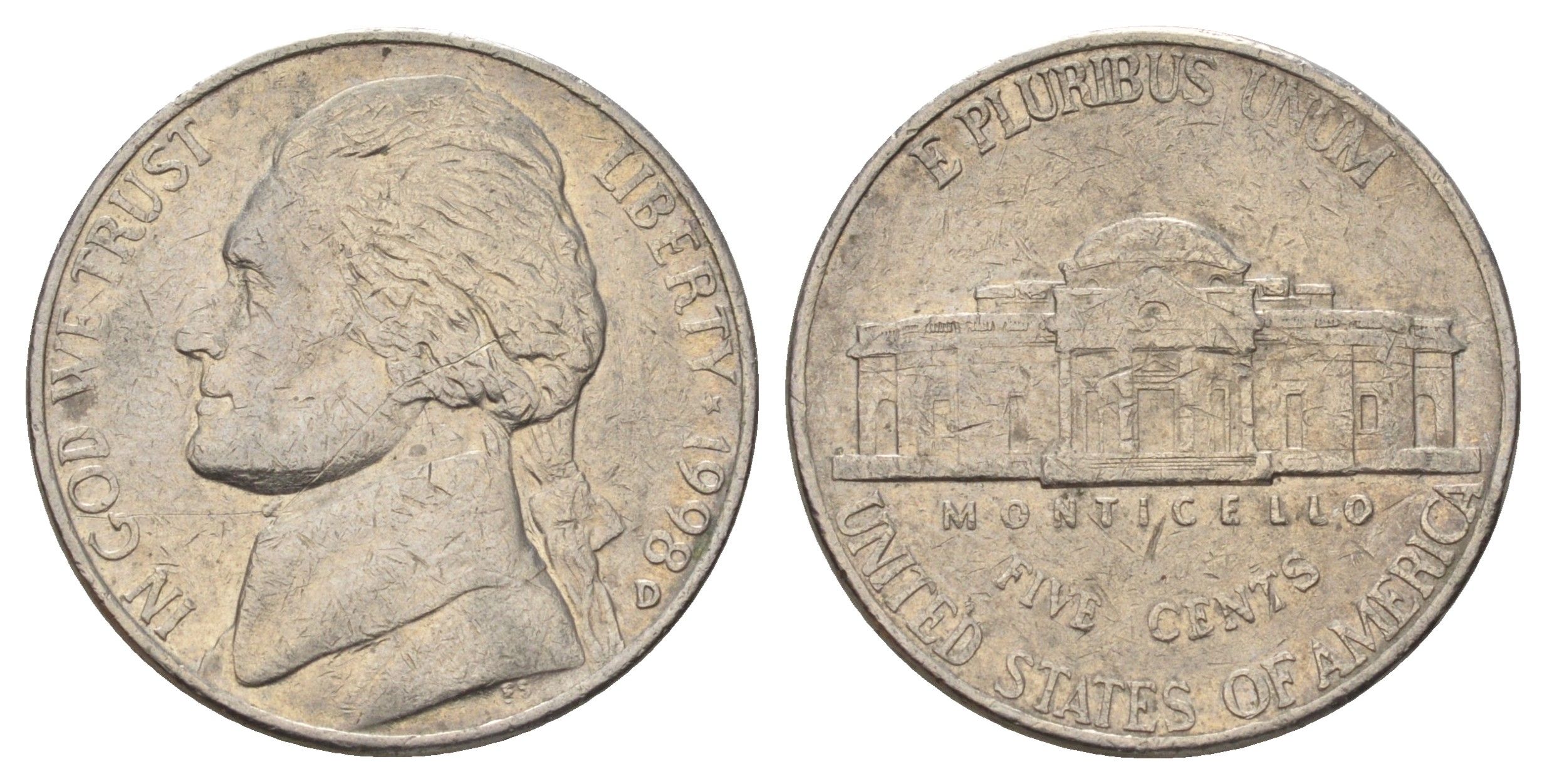 США 5 центов 1998 D, Джефферсон KM A192 медно-никель 4671-1233