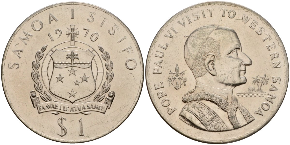 Самоа 1 тала 1970 визит Папы Павла VI KM 10 медно-никель UNC 4125-811