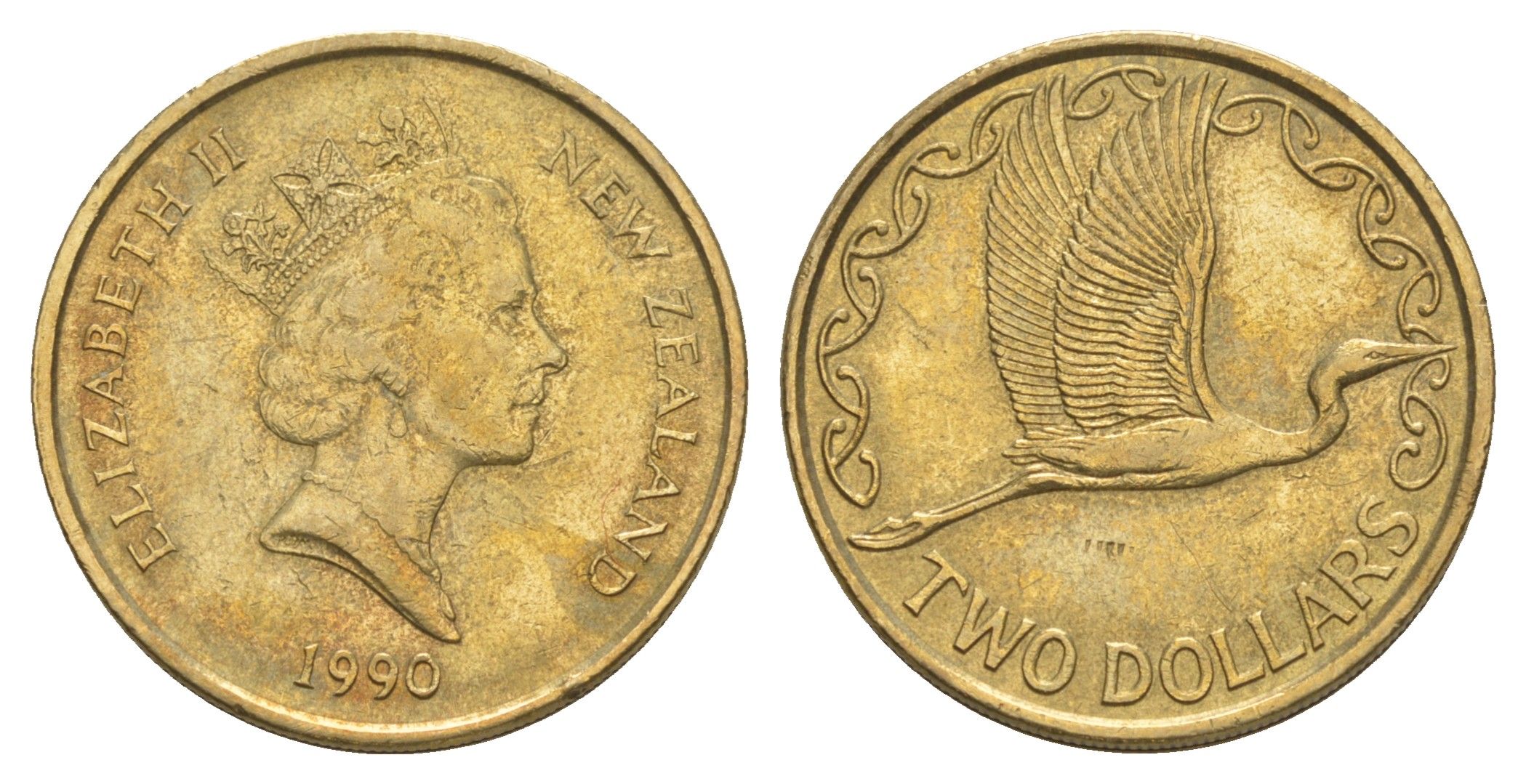 Новая Зеландия 2 доллара 1990 Елизавета II (1952-2022), большая белая цапля KM 79 алюминиевая бронза 4652-711