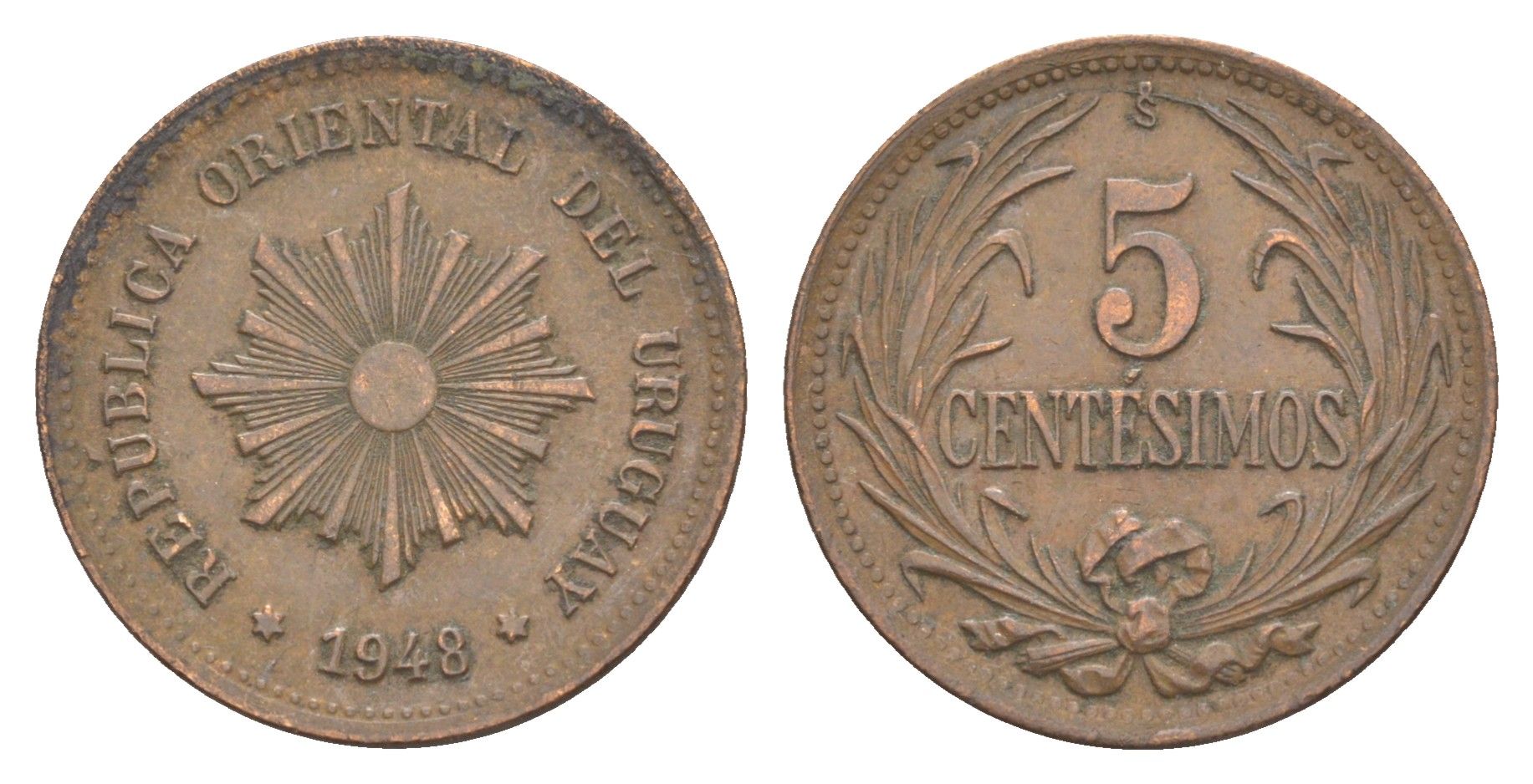 Уругвай 5 сентесимо 1948 KM 21a медь 4654-622