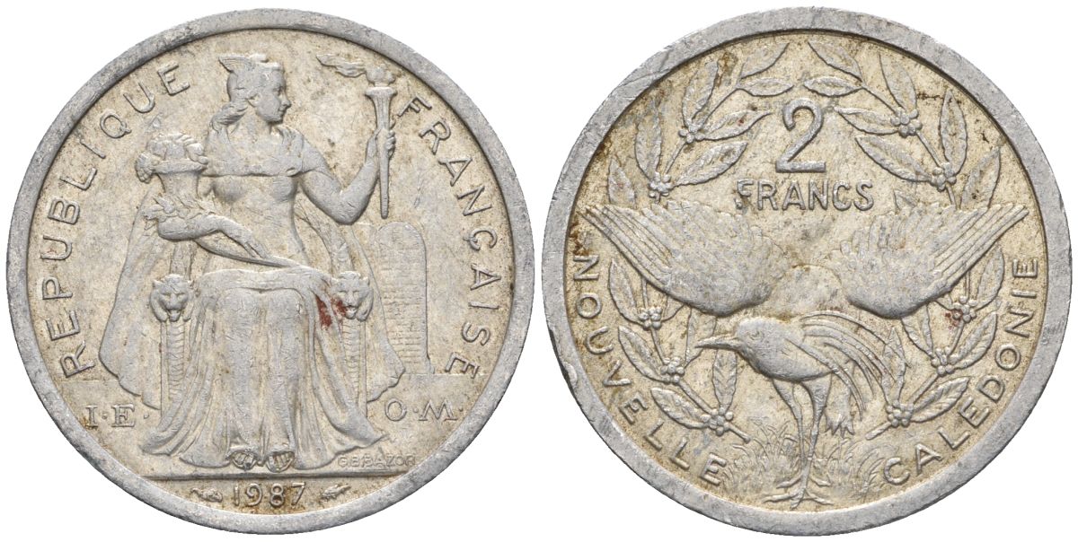 Французская Новая Каледония 2 франка 1987 птица кагу, (IEOM) KM 14, Schoen 11, Lec 64 алюминий    27-1031