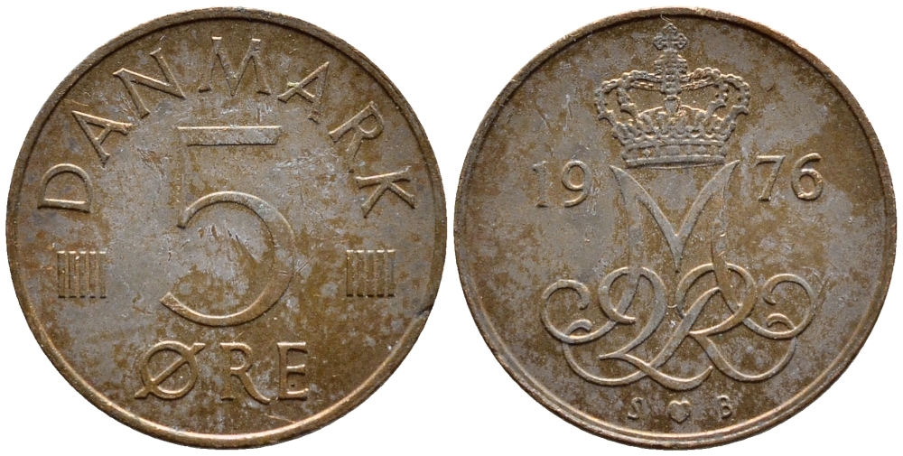 Дания 5 эре 1976 S; B, Маргрете II (1972- ) KM 859.1 железо плакированное медью 4398-857