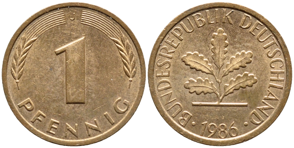 ФРГ 1 ПФЕННИГ 1986 J КМ 105 J.380 сталь плакированная медью 4392-1029