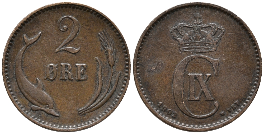 ДАНИЯ 2 ЭРЕ 1902 VBP, КРИСТИАН IX (1863-1906) KM 793.2 бронза 67-145
