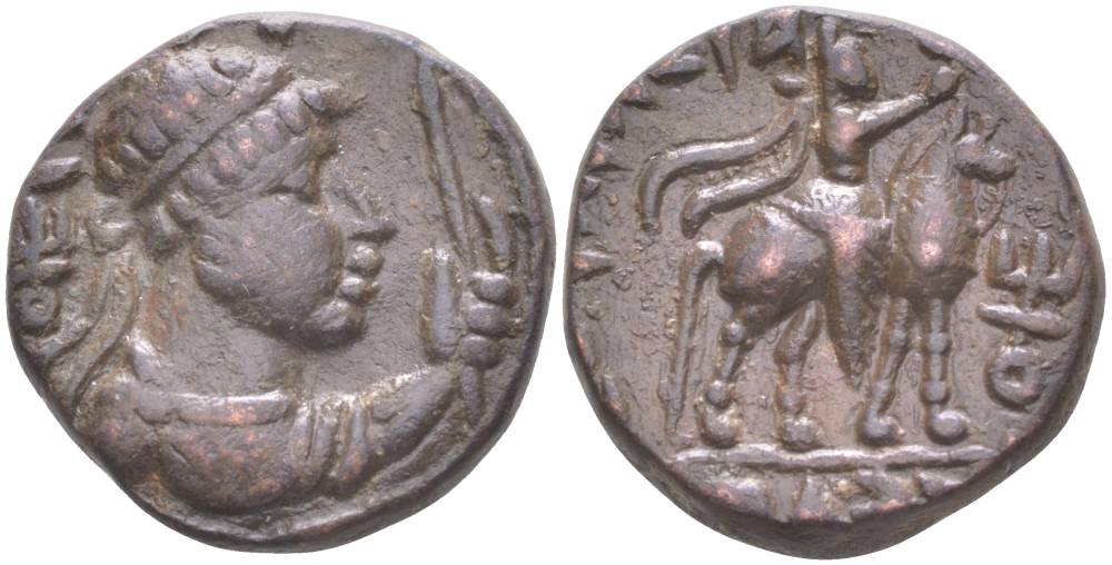 КУШАНСКОЕ ЦАРСТВО ТЕТРАДРАХМА 55 - 105 СОТЕР МЕГАС, БЮСТ ЦАРЯ, ЦАРЬ НА КОНЕ, ТАКСИЛА, 8,00 гр Mitchiner, ANCW 2949 медь 1073-19-46