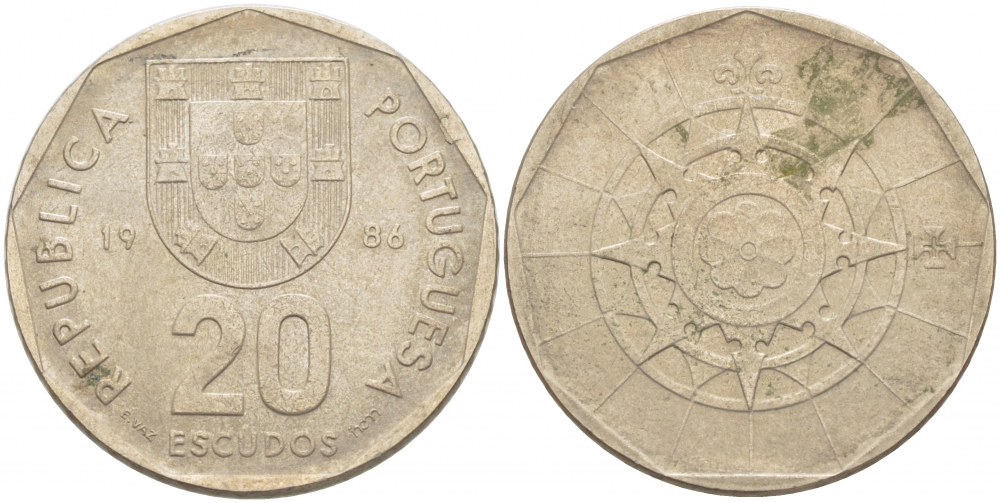 ПОРТУГАЛИЯ 20 ЭСКУДО 1986 INCM KM 634.1 медно-никель 3718-435