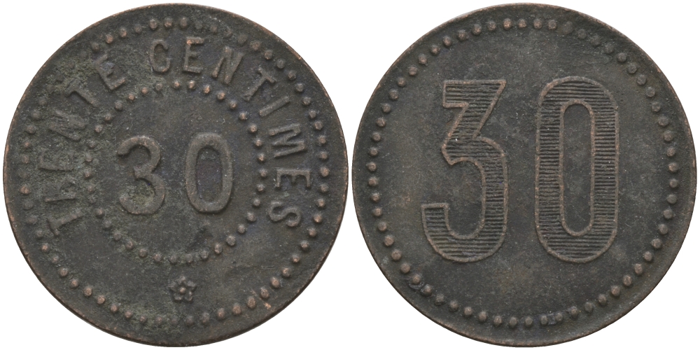 ФРАНЦИЯ 30 САНТИМОВ ND ПЛАТЕЖНЫЙ ЖЕТОН НАЧАЛА XX ВЕКА, НА АВЕРСЕ НОМИНАЛ ЦИФРАМИ И ПРОПИСЬЮ, ДИАМЕТР 23,5 ММ. латунь 65-353