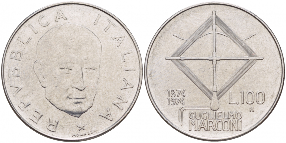 ИТАЛИЯ 100 ЛИР 1974 R, 100 ЛЕТ СО ДНЯ РОЖДЕНИЯ МАРКОНИ KM 102 нержавеющая сталь 4545-735
