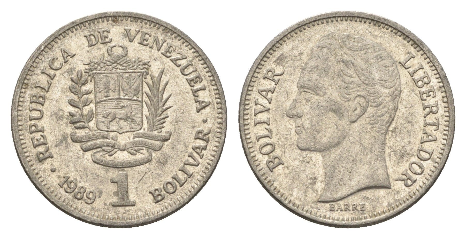 Венесуэла 1 боливар 1989 Симон Боливар, тонкий шрифт Y 52a.1 сталь плакированная никелем 4662-847