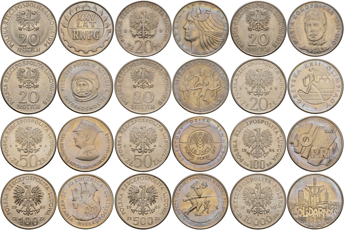 Польша набор из 12 монет (20, 50, 100, 500 и 10000 злотых) 1974, 1975, 1978, 1979, 1980, 1981, 1984, 1988, 1989, 1990 Y 70, Y 75, Y 95, Y 97, Y 99, Y 108, Y 122, Y 127, Y 151,Y 182, Y 185 и Y 195 медно-никель UNC 3-6-5-18