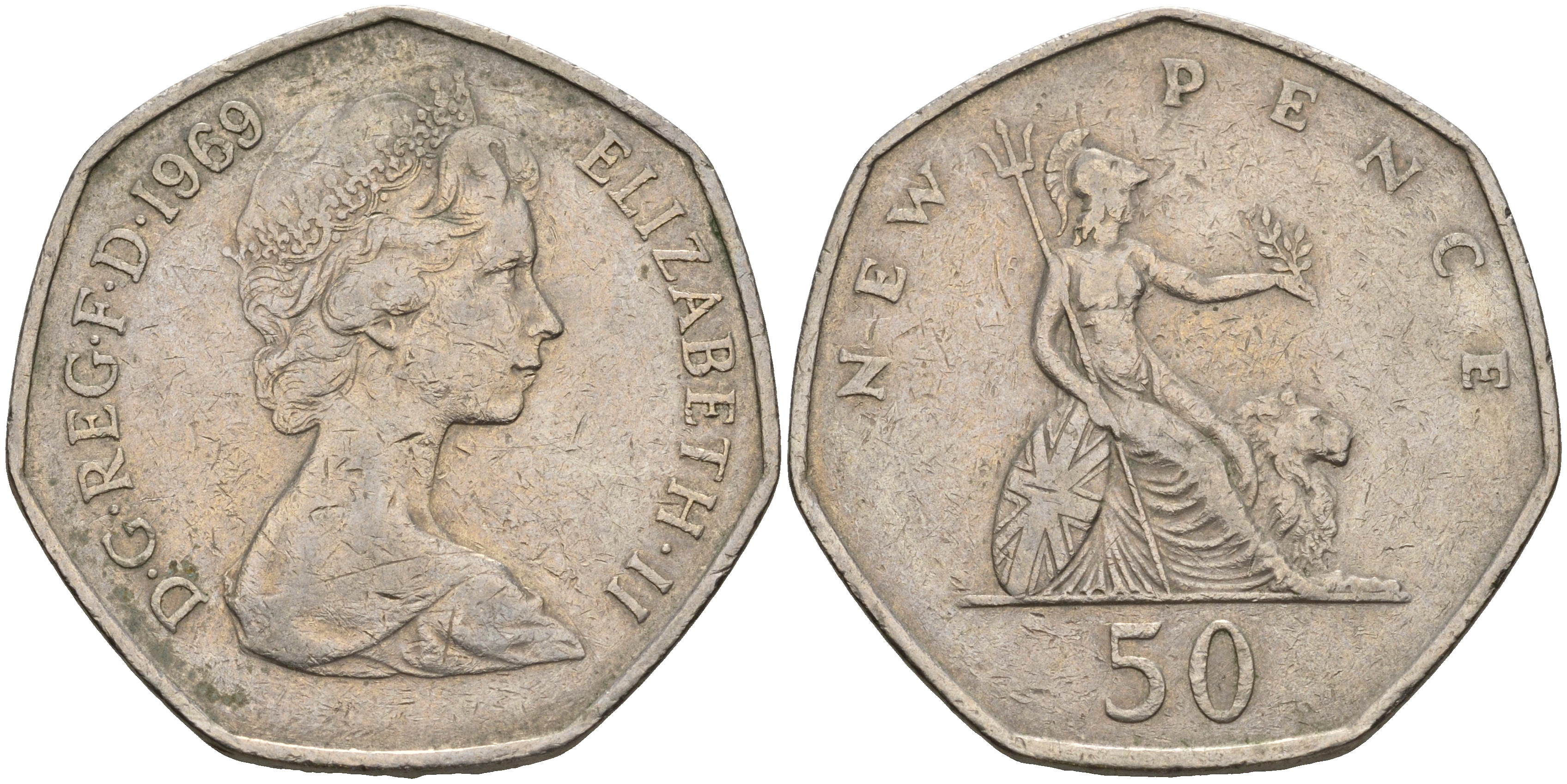 Великобритания 50 пенсов 1969 Елизавета II (1952-2022) KM 913, Spink 4223 (H1) медно-никель    59-223