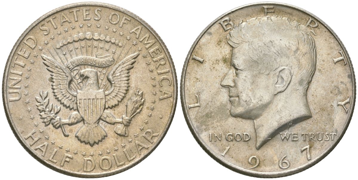 США 1/2 доллара (50 центов) 1967 Джон Кеннеди KM 202a серебро 221-1021