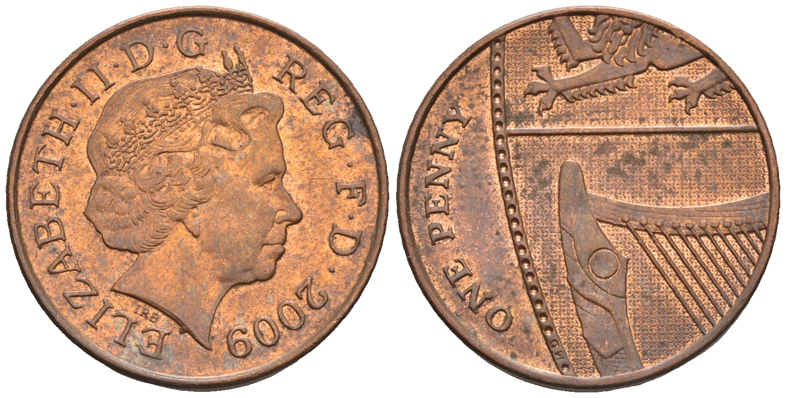 Великобритания 1 пенни 2009 Елизавета II (1952-2022) KM 1107, Spink B6 сталь плакированная медью 4609-653