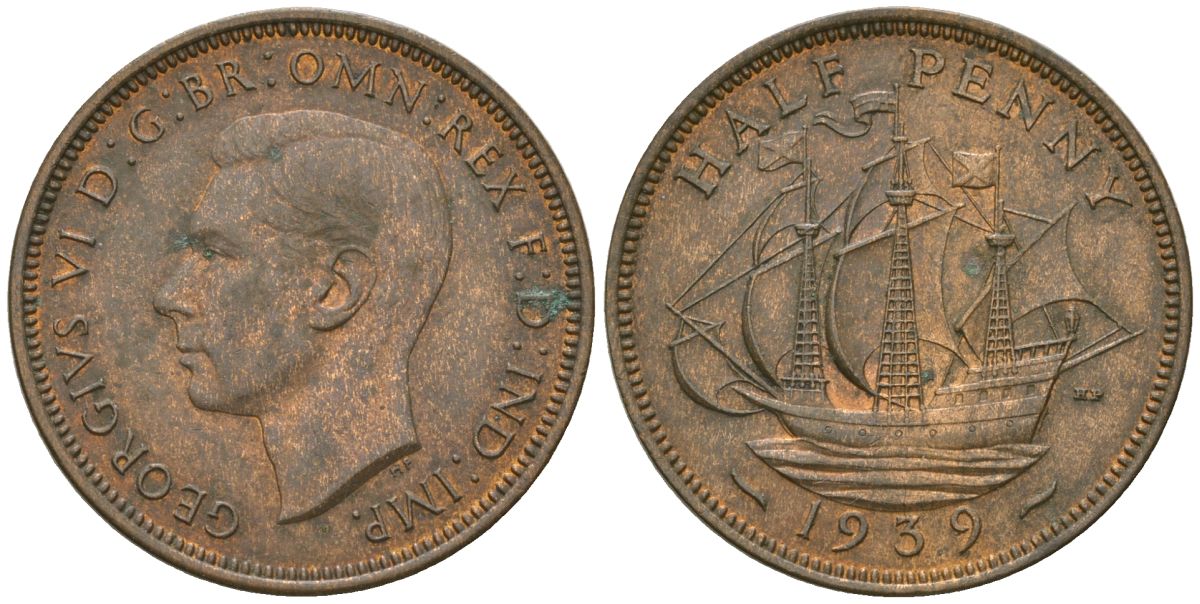Великобритания 1/2 пенни 1939 Георг VI (1936-1952) KM 844, Spink 4115 бронза 4163-1114