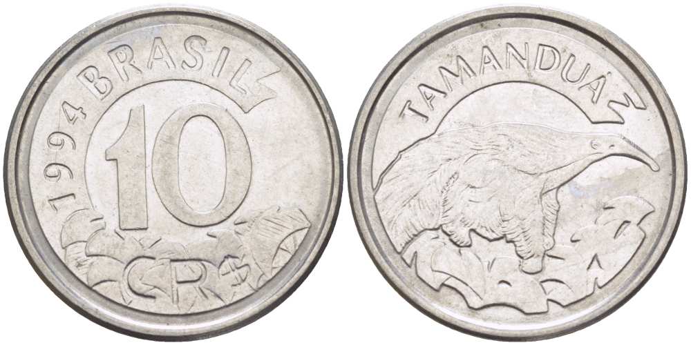 Бразилия 10 крузейро реал 1994 муравьед KM 628 нержавеющая сталь 4388-325