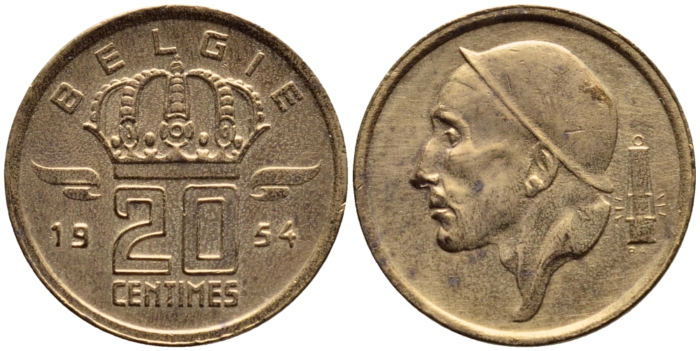 БЕЛЬГИЯ 20 САНТИМОВ 1954 BELGIE KM 147.1 бронза 4392-847