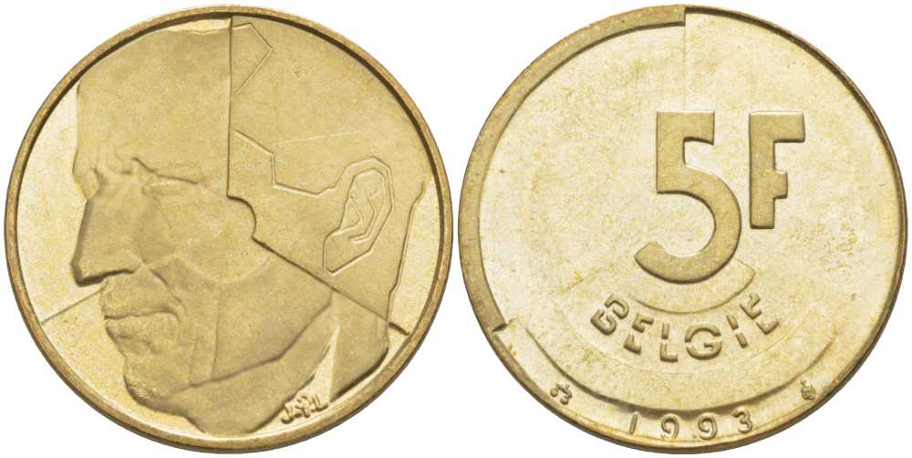 БЕЛЬГИЯ 5 ФРАНКОВ 1993 BELGIE, БОДУЭН I (1951-1993) KM 164 латунь или алюминиевая бронза 4364-1925
