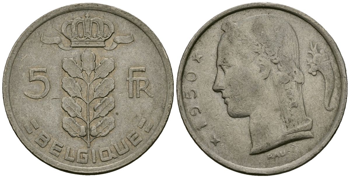 Бельгия 5 франков 1950 BELGIQUE KM 134 медно-никель 4177-1053
