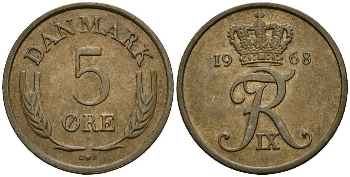 Дания 5 эре 1968 C; S, Фредерик IX (1947-1972) KM 848 бронза 4138-837
