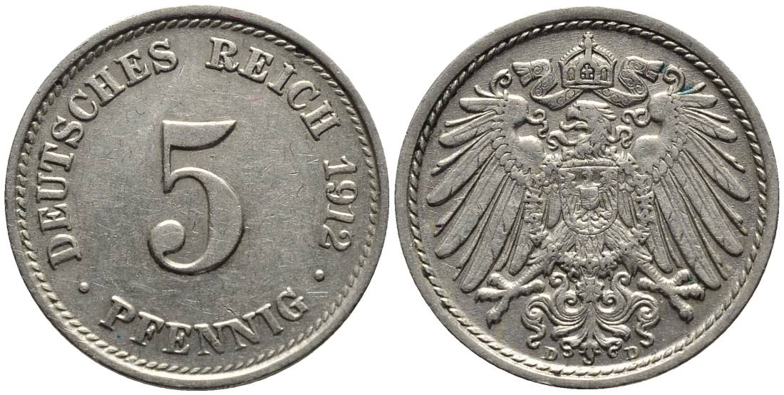 ГЕРМАНИЯ 5 ПФЕННИГОВ 1912 D KM 11, Jager 12, Weege 6 медно-никель 4547-528
