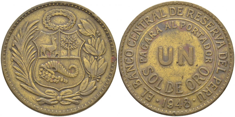 Перу 1 соль 1948 KM 222 латунь 118-1215