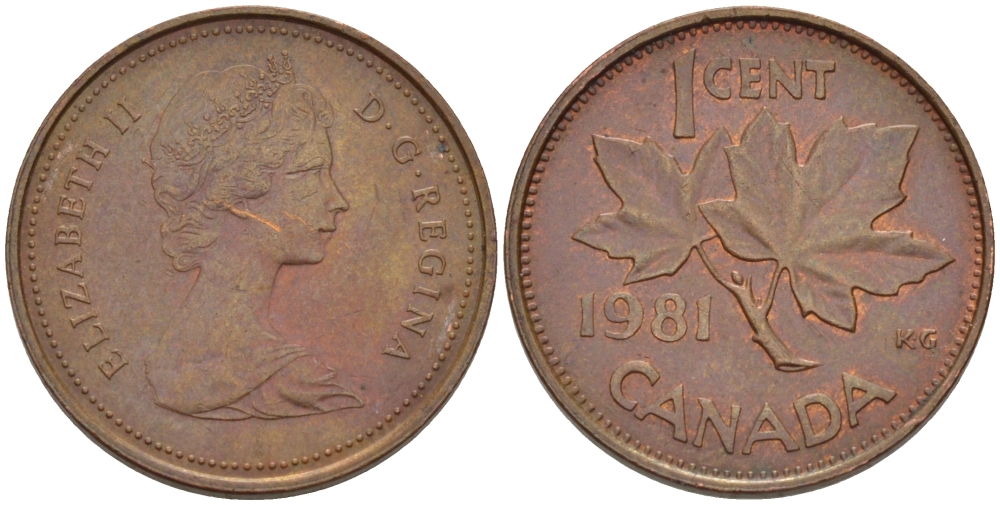 Канада 1 цент 1981 Елизавета II (1952-2022), кленовый лист KM 127 бронза 176-616