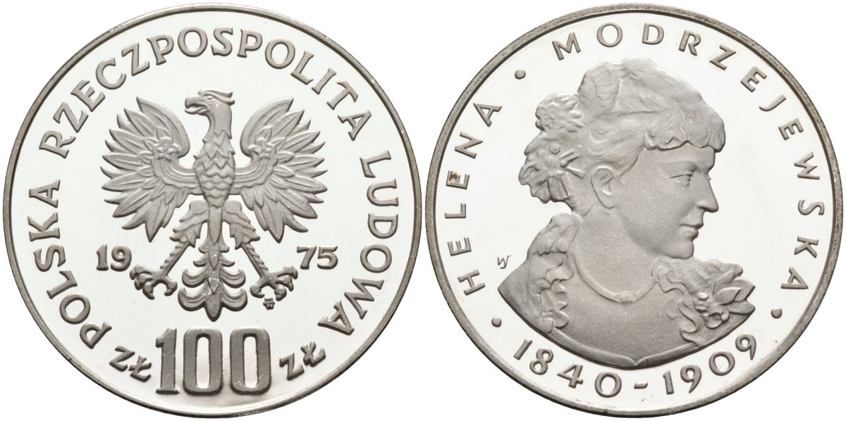 Польша 100 злотых 1975 MW, Хелена Моджеевская (1840-1909), в пластике KM 78, Parchimowicz 272 серебро PROOF 1097-1-43
