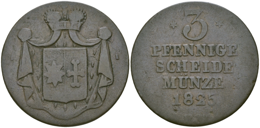 Вальдек-Пирмонт 3 пфеннига 1825 FW KM 71 медь 65-811