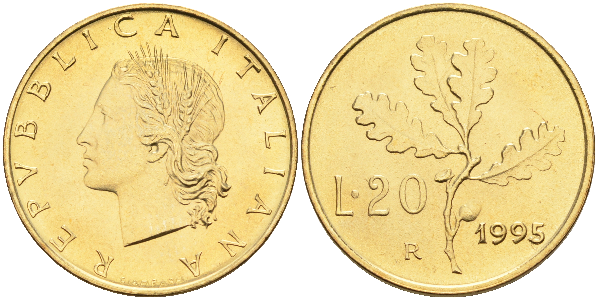 Италия 20 лир 1995 R, дубовый лист KM 97.2 алюминиевая бронза  UNC  4594-939