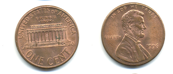 США 1 ЦЕНТ 1996 ЛИНКОЛЬН KM 201b цинк плакированный медью 86-326