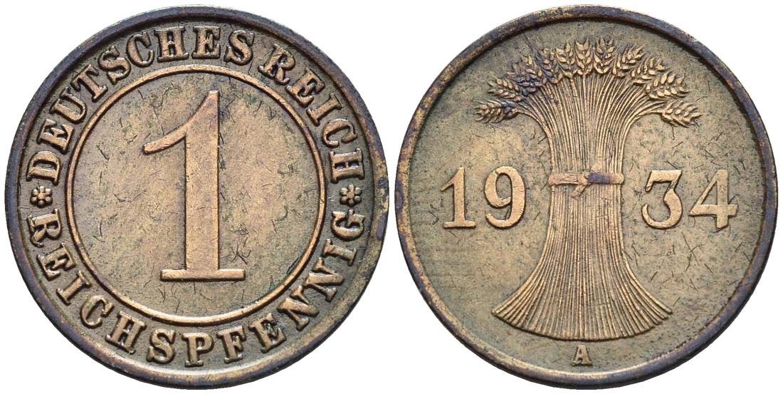 ГЕРМАНИЯ 1 РЕЙХСПФЕННИГ 1934 A KM 37, J. 313, Weege 2 бронза 4547-211