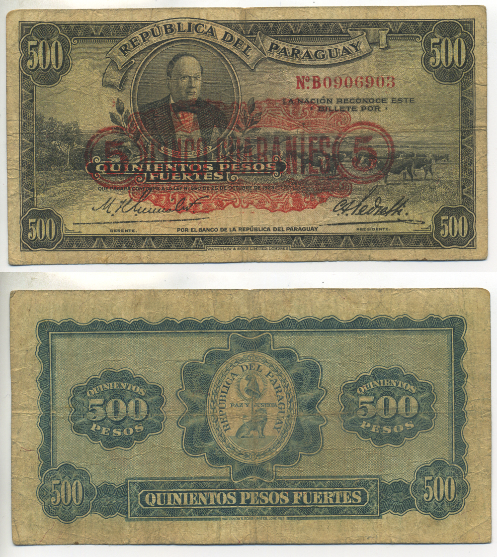 Парагвай 5 гуарани 1943 красная горизонтальная надпечатка (на 500 песо Pick 169) Pick 174 бумага 000-00-00