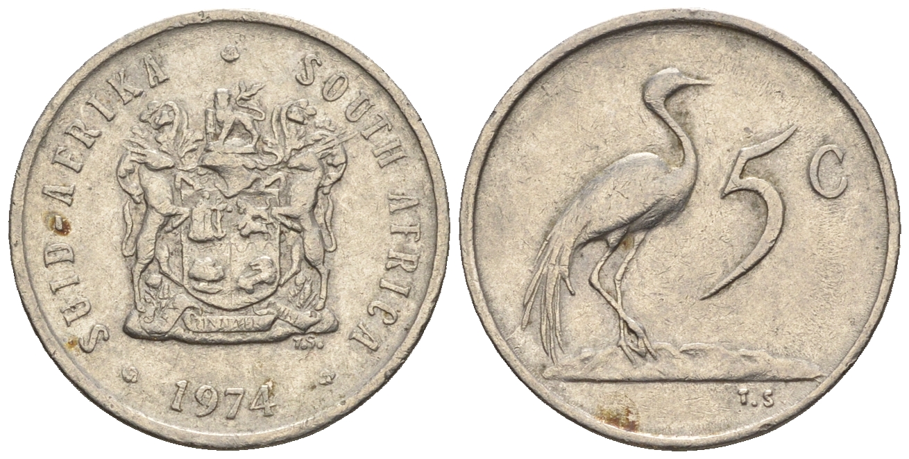 ЮАР 5 центов 1974 герб, райский журавль KM 84 никель 4609-343