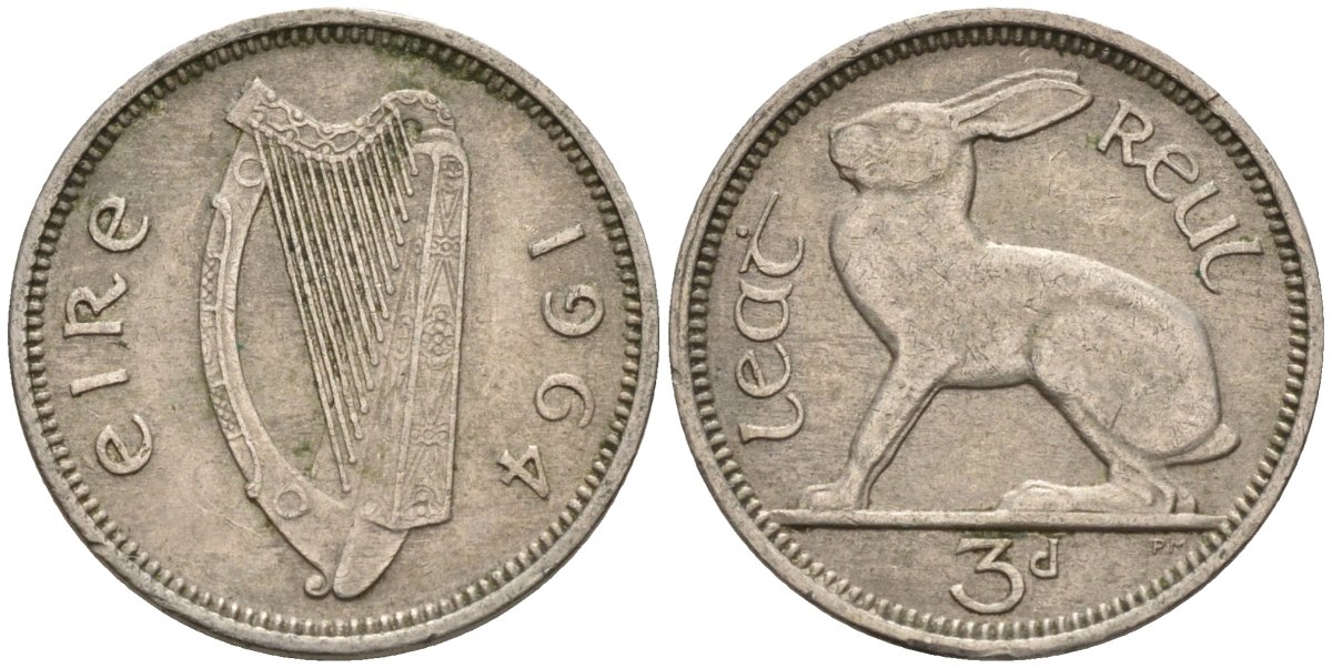 Ирландия 3 пенса 1964 заяц KM 12a медно-никель 4596-1069