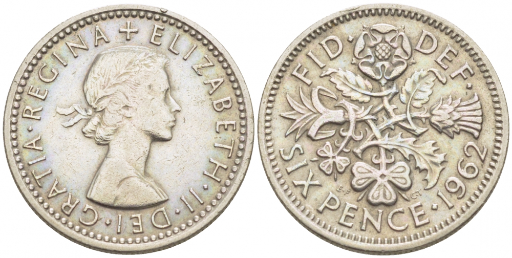 Великобритания 6 пенсов 1962 Елизавета II (1952-2022) KM 903, Spink 4149 медно-никель 3718-258