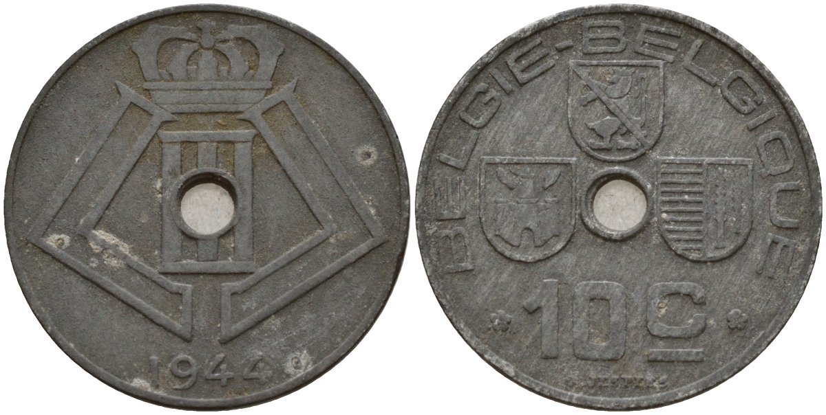 Бельгия 10 сантимов 1944 Belgie - Belgique, Леопольд III (1934-1947), германская оккупация, Вторая мировая война KM 126 цинк 4161-346
