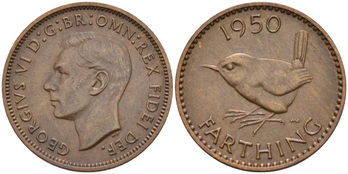 Великобритания 1 фартинг 1950 Георг VI (1936-1952) KM 867, Spink 4119 бронза 4154-265