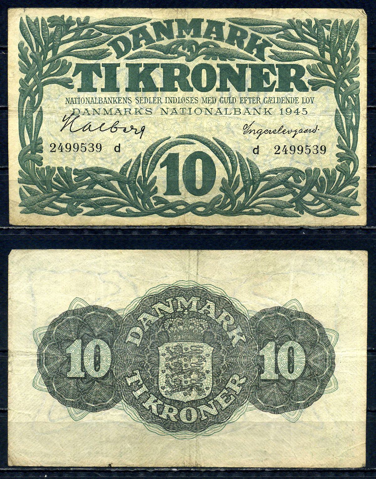 Дания 10 крон 1945 серия d Pick 37 d бумага 6301-44-2-1