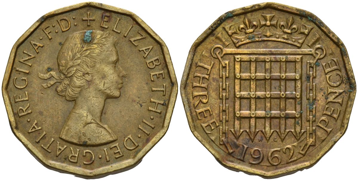 Великобритания 3 пенса 1962 Елизавета II (1952-2022) KM 900, Spink 4153 никель латунь 4153-741