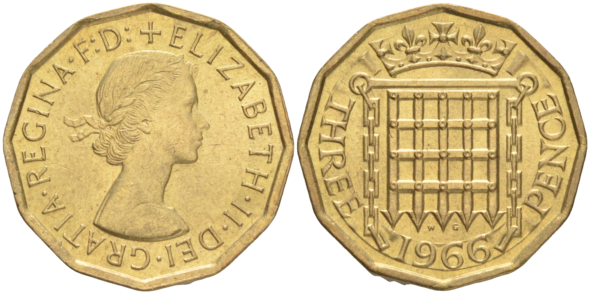 Великобритания 3 пенса 1966 Елизавета II (1952-2022) KM 900, Spink 4153 никель латунь 4556-632