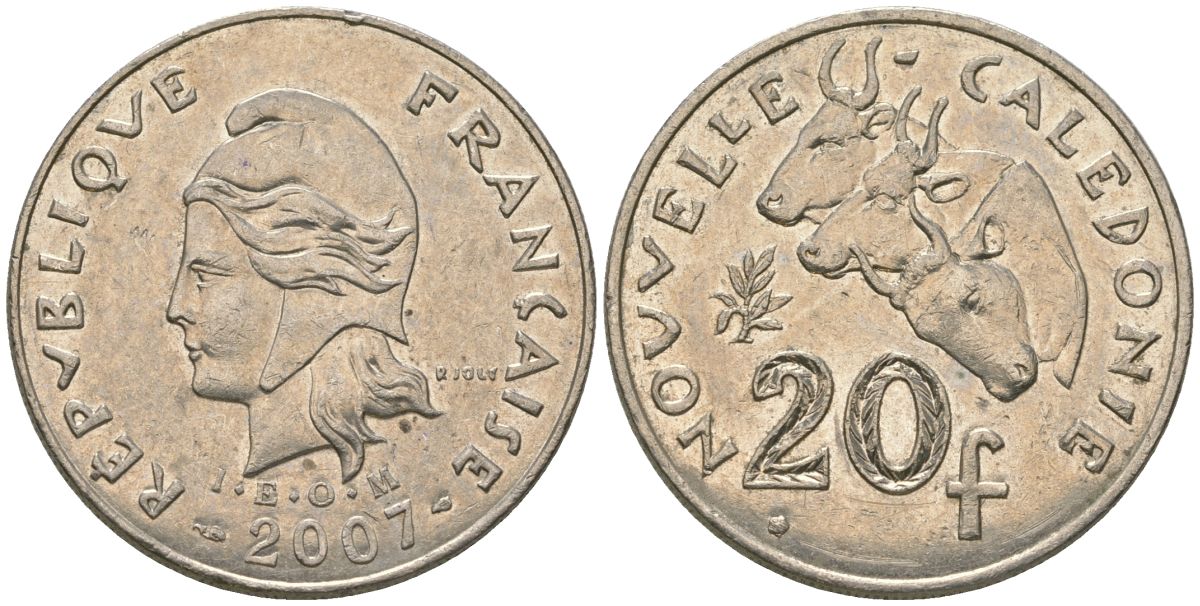 Французская Новая Каледония 20 франков 2007 три быка, (IEOM) KM 12a, Schoen 14a, Lec 115j медно-никель 81-1116