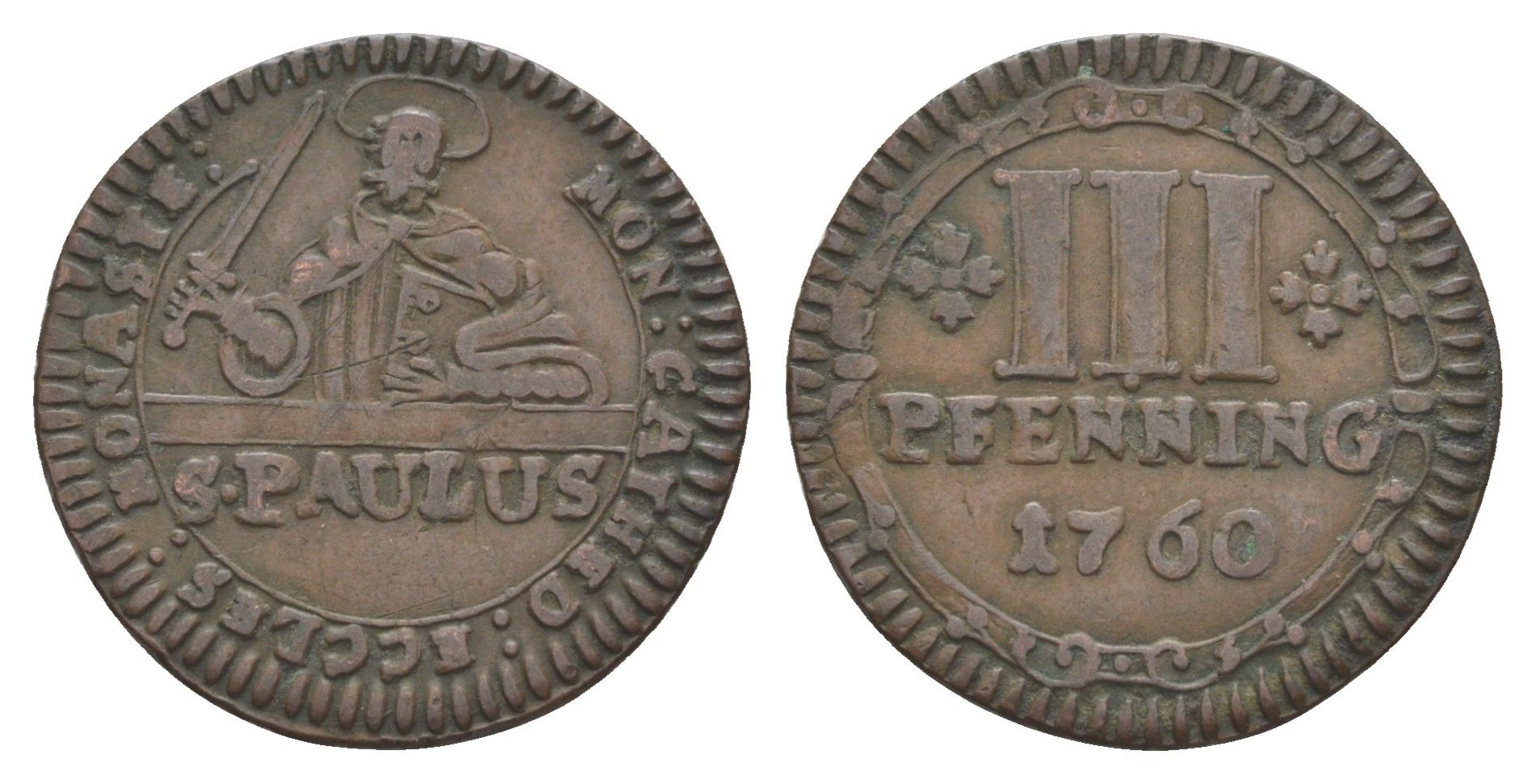 Мюнстер 3 пфеннига 1760 Монетный двор кафедрального капитула KM 431 медь 633-1634