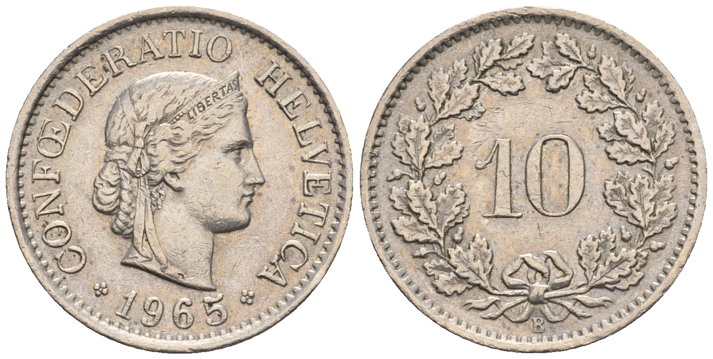 Швейцария 10 раппенов 1965 B KM 27 медно-никель 4609-1018