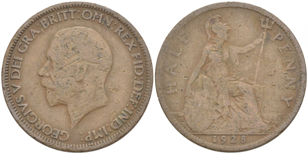 Великобритания 1/2 пенни 1928 Георг V (1910-1936) KM 837 Spink 4058 бронза 212-1212